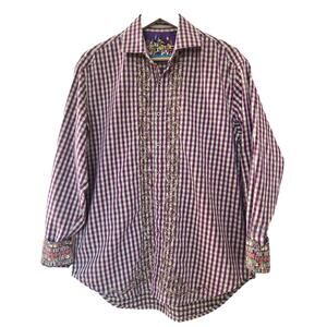 Robert Graham Shirt Mens Lg Purple Check Flip Cuff Button Up Embroidered Cotton